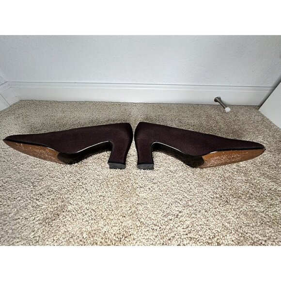Stuart Weitzman Choc Brown Fabric Round Square Toe Curved Block Heel Pumps. 7M - Picture 4 of 11